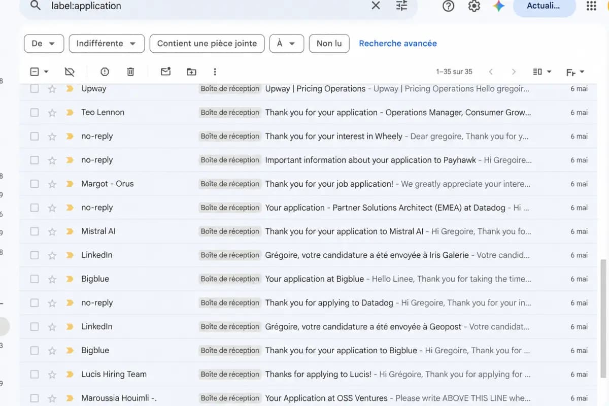 Inbox showing several application confirmation emails